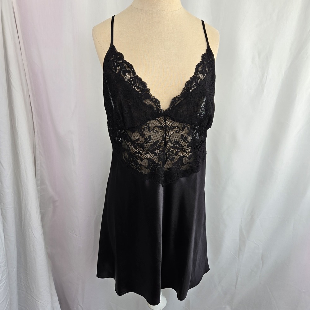 In Bloom By Jonquil Black Lorena Lace Trim Satin Chemise Size XL Slip Dress